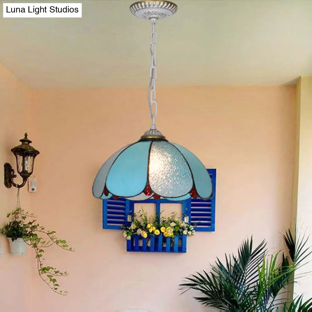 Mediterranean Wide Flare Pendant Lamp – Cut Glass 1 Head Adjustable Chain White/Blue/Bronze