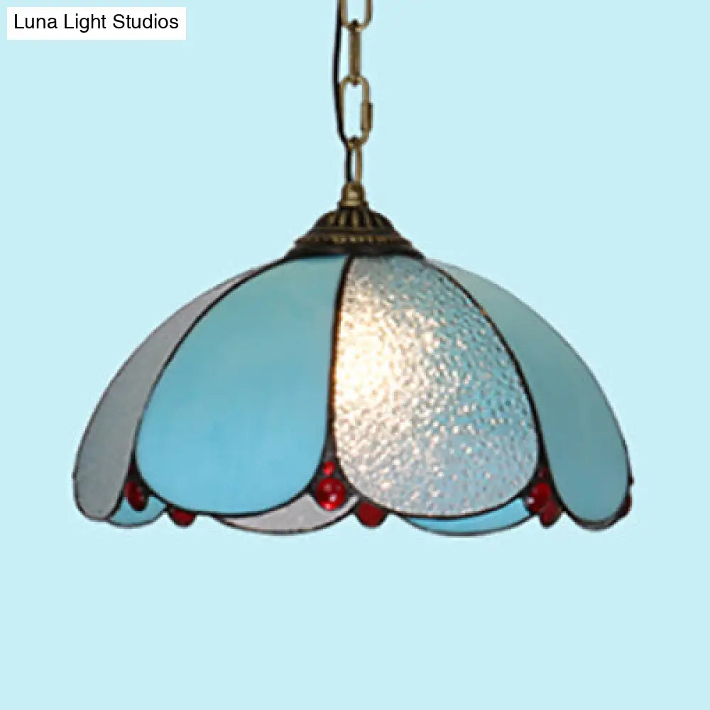 Mediterranean Wide Flare Pendant Lamp – Cut Glass 1 Head Adjustable Chain White/Blue/Bronze