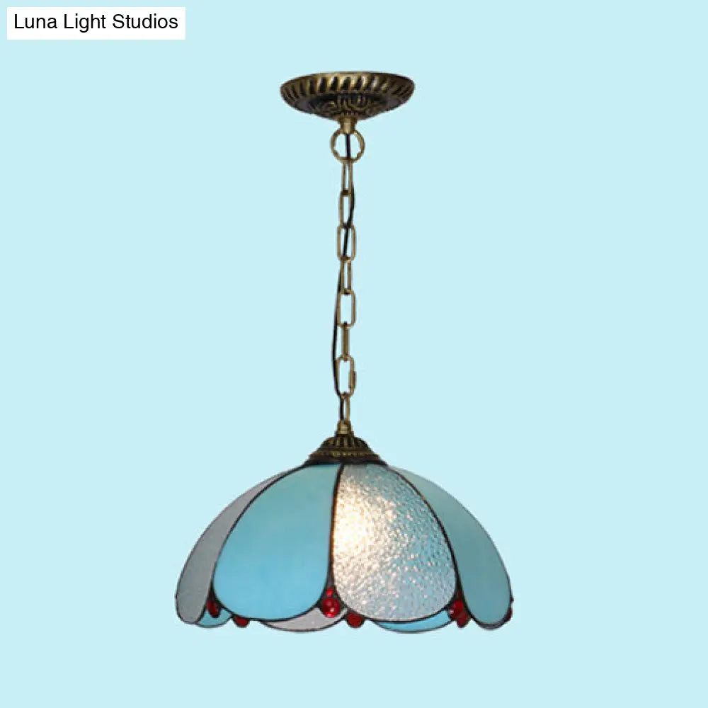 Mediterranean Wide Flare Pendant Lamp – Cut Glass 1 Head Adjustable Chain White/Blue/Bronze