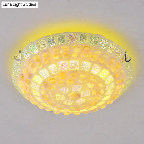 Mediterranean Yellow Mosaic Glass Bowl Ceiling Lamp With Decorative Shell For Bedrooms - Flush Mount