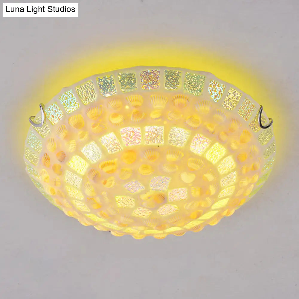 Mediterranean Yellow Mosaic Glass Bowl Ceiling Lamp With Decorative Shell For Bedrooms - Flush Mount