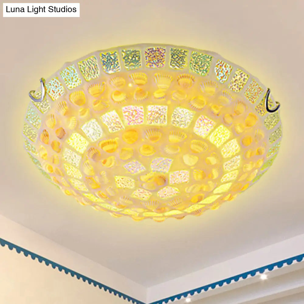 Mediterranean Yellow Mosaic Glass Bowl Ceiling Lamp With Decorative Shell For Bedrooms - Flush Mount