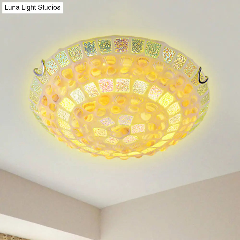 Mediterranean Yellow Mosaic Glass Bowl Ceiling Lamp With Decorative Shell For Bedrooms - Flush Mount