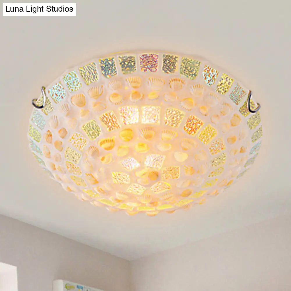Mediterranean Yellow Mosaic Glass Bowl Ceiling Lamp With Decorative Shell For Bedrooms - Flush Mount