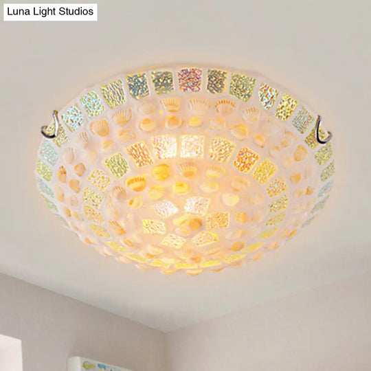 Mediterranean Yellow Mosaic Glass Bowl Ceiling Lamp With Decorative Shell For Bedrooms - Flush Mount