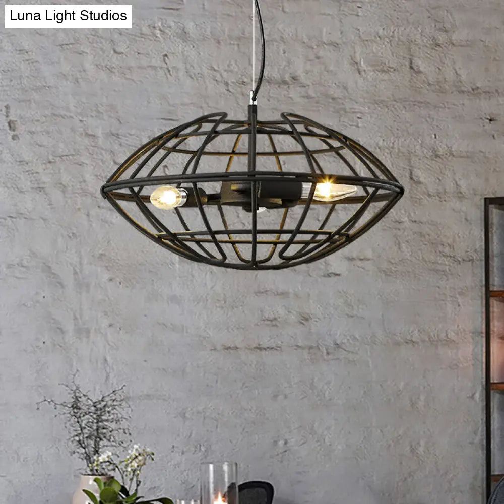 Metal Black Chandelier Light - Ufo Wire Cage 3 Bulb Factory Suspension Lighting For Restaurant