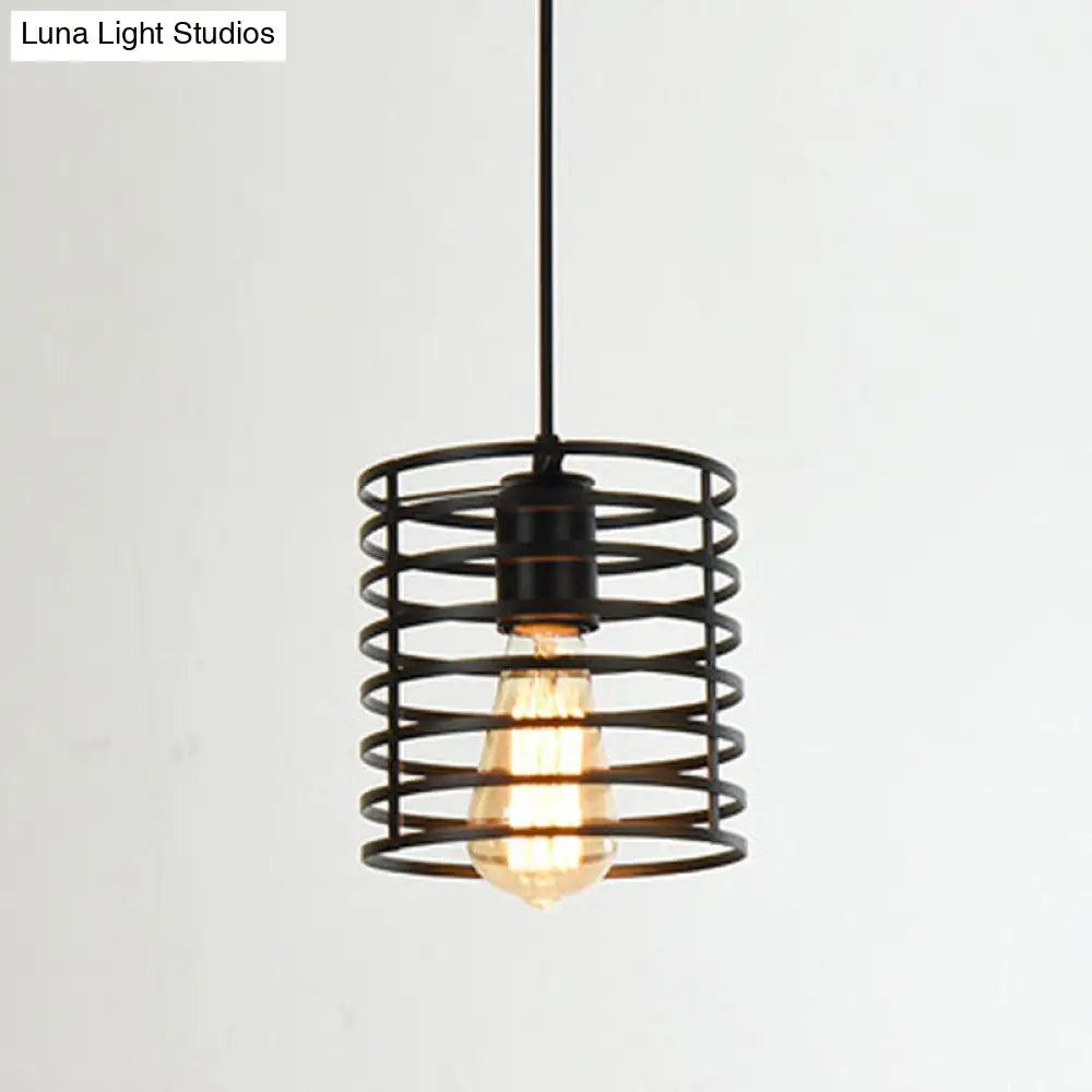 Industrial Style Single Geometrical Cage Pendant Light With Metal Black Finish / Cylinder