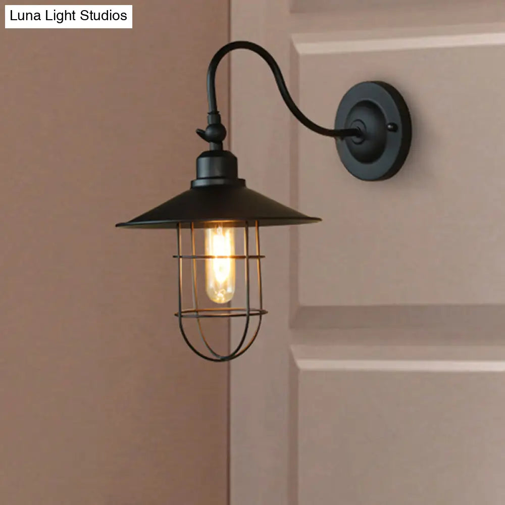 Metal Black Wall Lamp With Flared Shade: Nautical Style 1-Head Lighting For Hallway