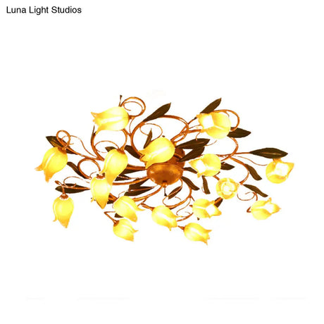 Metal Brass Ceiling Flush Lily/Tulip Led Semi Mount Lighting - 16 - Head American Garden Style For