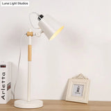 Metal Bucket Industrial Table Light With Wooden Arm - Night Lighting For Living Room (Black/White)