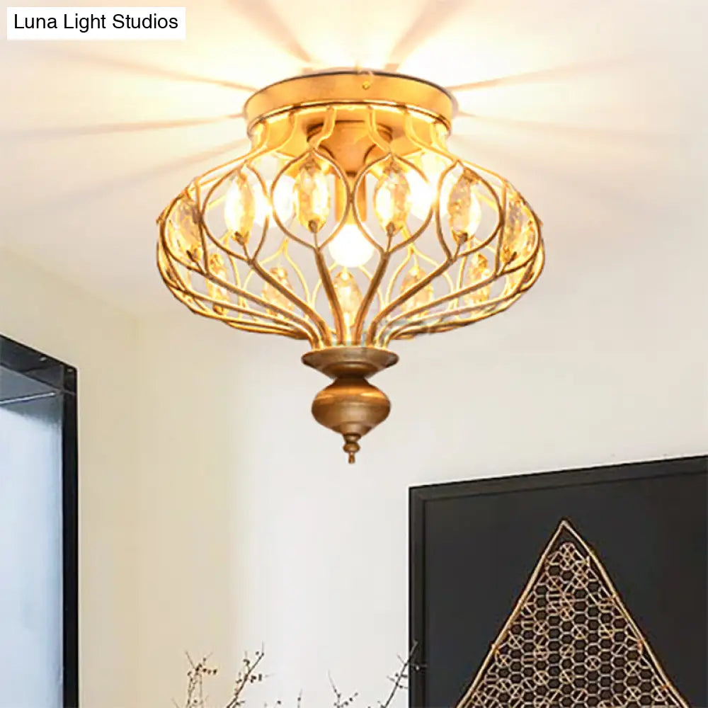 Metal Cage Crystal Flush Mount Lamp 3/6 Lights Brass / 14’