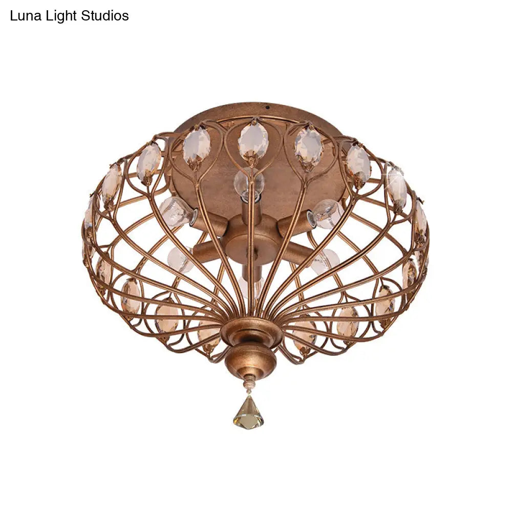 Metal Cage Crystal Flush Mount Lamp 3/6 Lights Brass