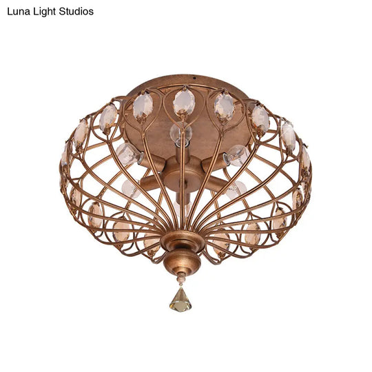 Metal Cage Crystal Flush Mount Lamp 3/6 Lights Brass