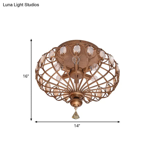 Metal Cage Crystal Flush Mount Lamp 3/6 Lights Brass
