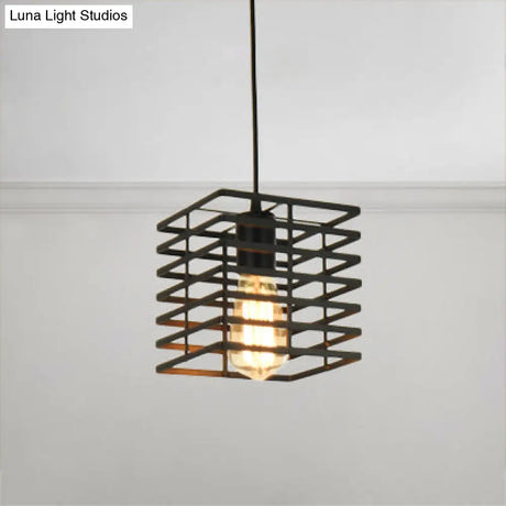 Metal Cage Pendant Light Retro Style Black/White Hanging Lamp For Restaurant Ceiling