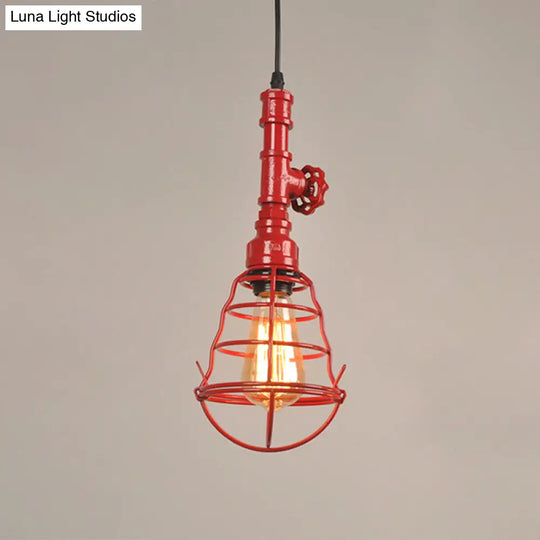 Metal Cage Pendant Light With Red Valve Deco – Industrial Single Bulb Suspension Fixture