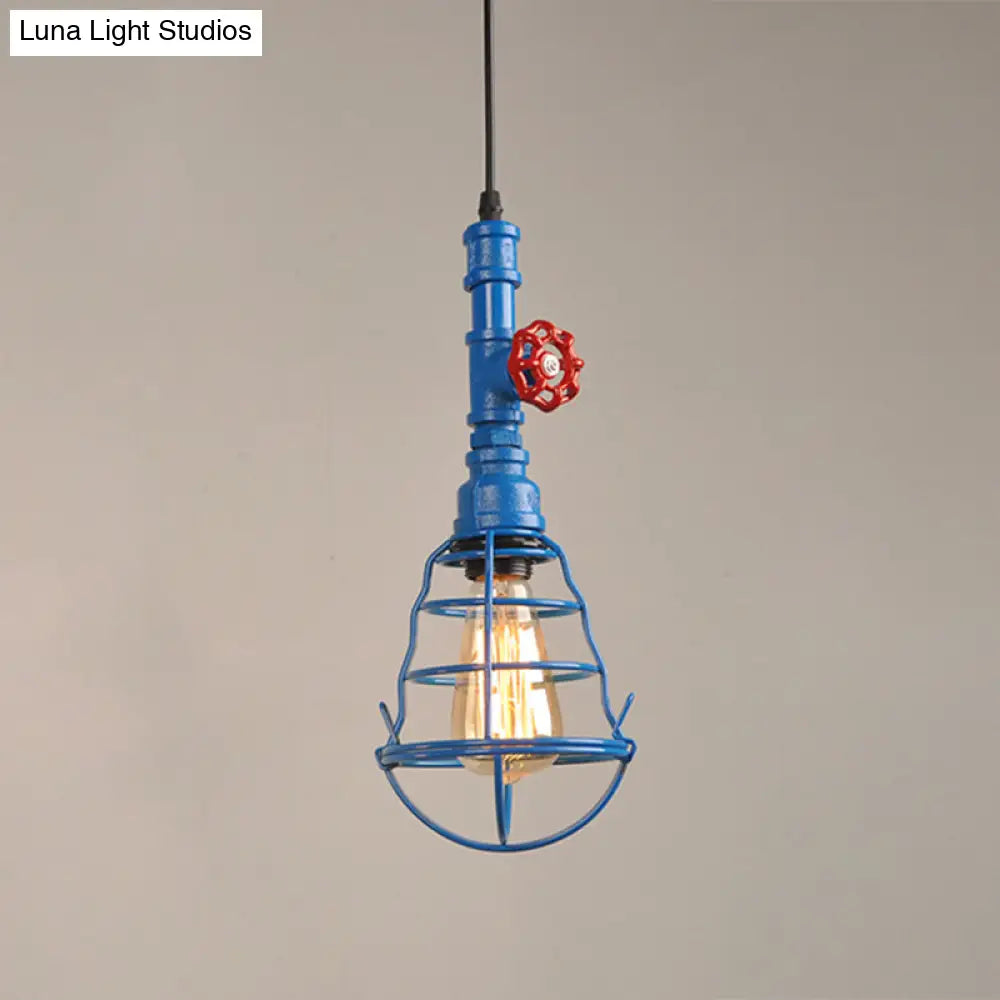 Metal Cage Pendant Light With Red Valve Deco – Industrial Single Bulb Suspension Fixture Blue