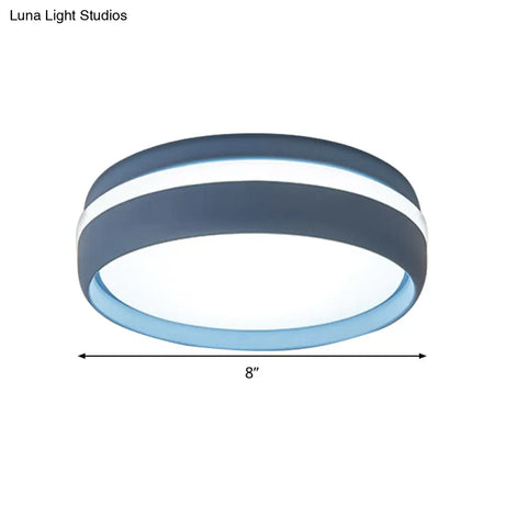 Metal Circular Flush Light Contemporary Led Ceiling Lamp In Pink/Yellow/Blue With Warm/White