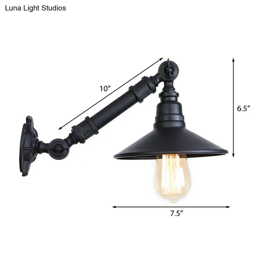 Metal Conical Wall Mounted Sconce Lamp - Retro Industrial Style Adjustable Arm 1-Head Black