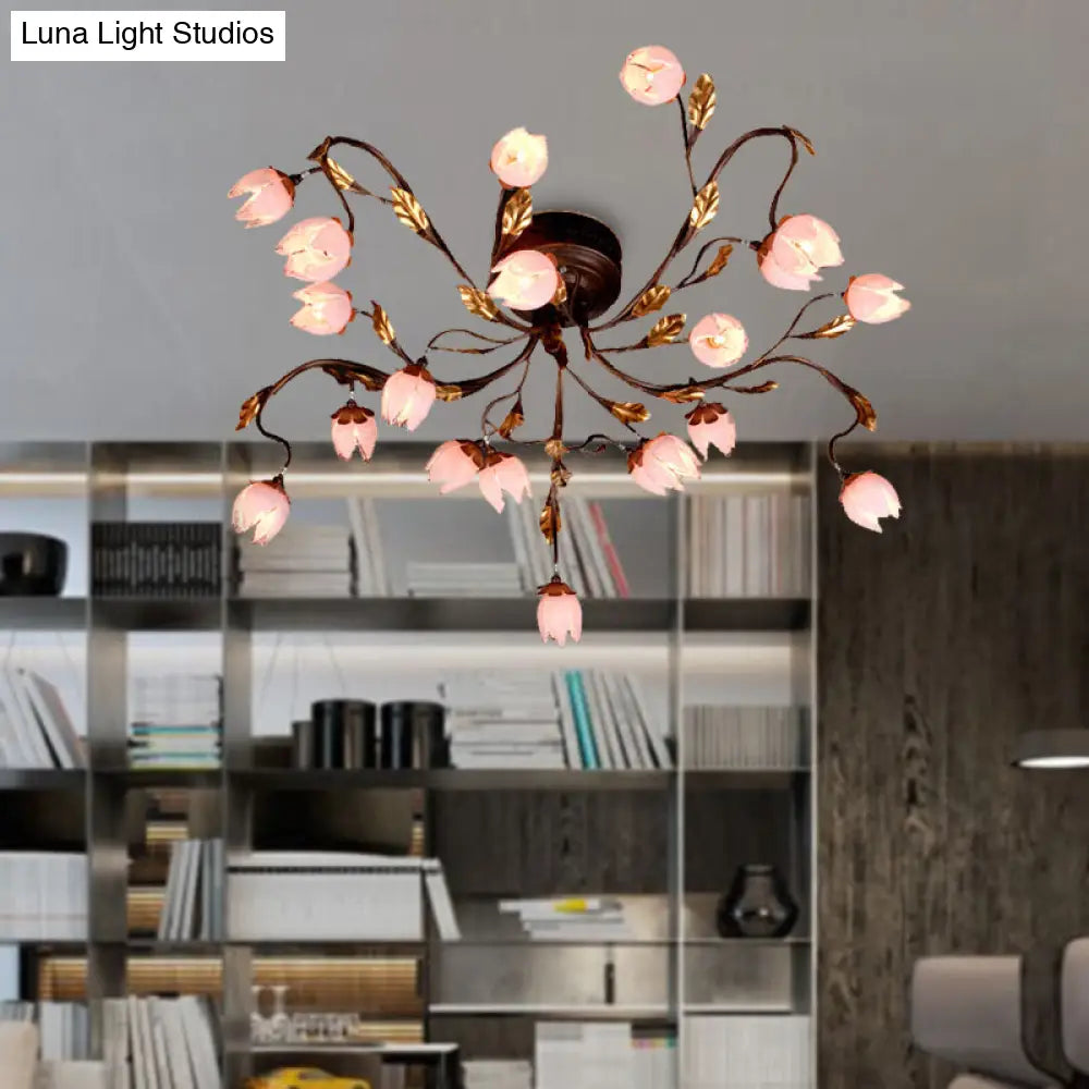 Metal Dark Brown Lotus Semi Flush Led Ceiling Lamp - Ideal For Study Room 20 Bulbs American Garden