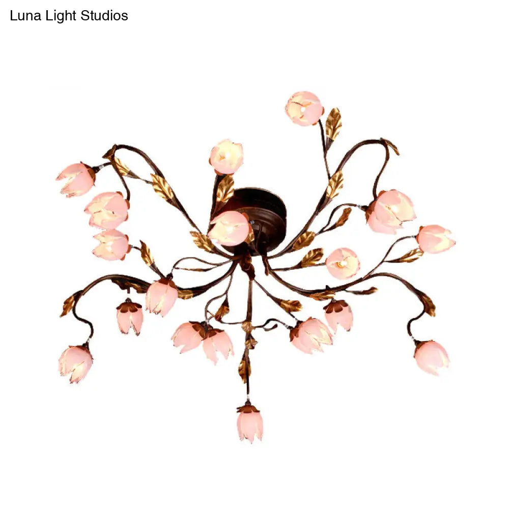 Metal Dark Brown Lotus Semi Flush Led Ceiling Lamp - Ideal For Study Room 20 Bulbs American Garden