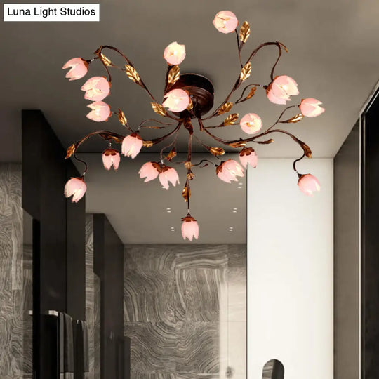 Metal Dark Brown Lotus Semi Flush Led Ceiling Lamp - Ideal For Study Room 20 Bulbs American Garden
