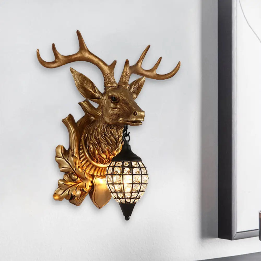 Metal Deer Wall Sconce With Crystal Mesh Cone Shade - Traditional Light Gold