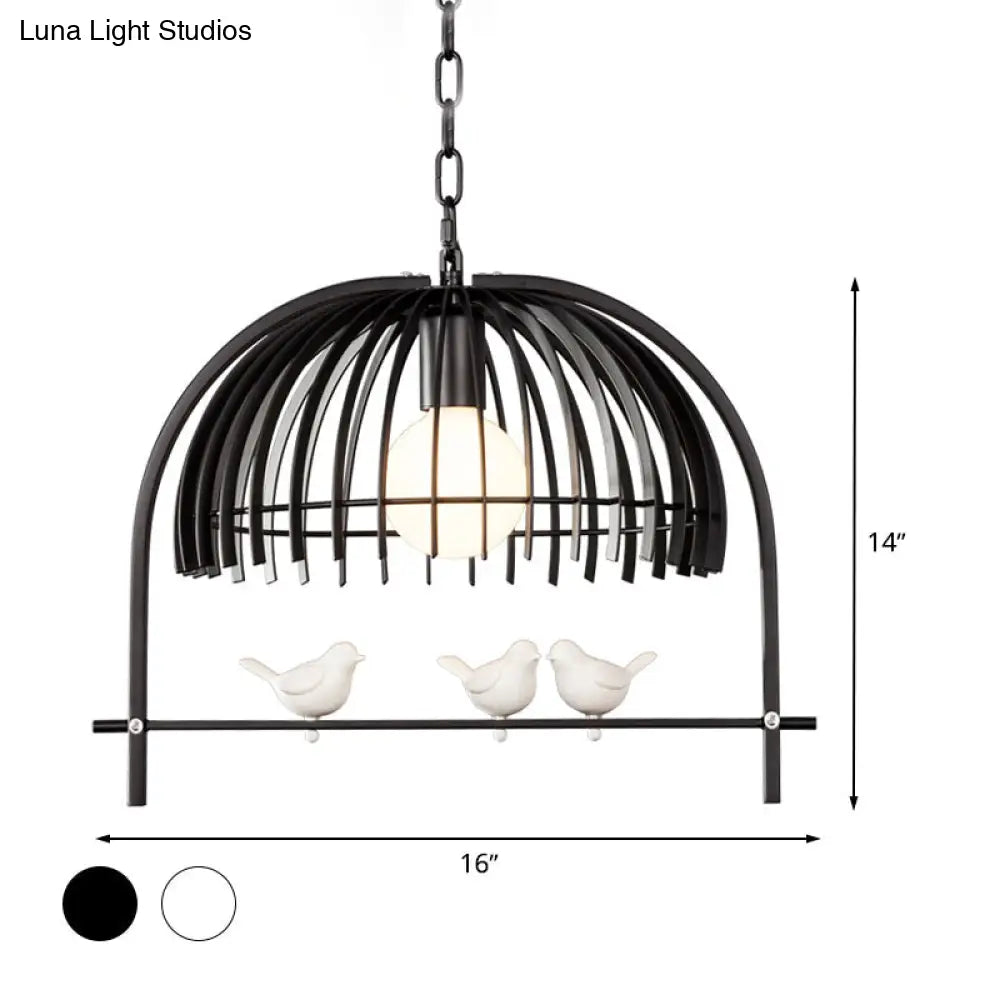 Lodge Style Metal Dome Pendant Light W/ Bird Cage Design - 1 Bulb Hanging Lamp Black/White