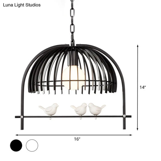 Lodge Style Metal Dome Pendant Light W/ Bird Cage Design - 1 Bulb Hanging Lamp Black/White