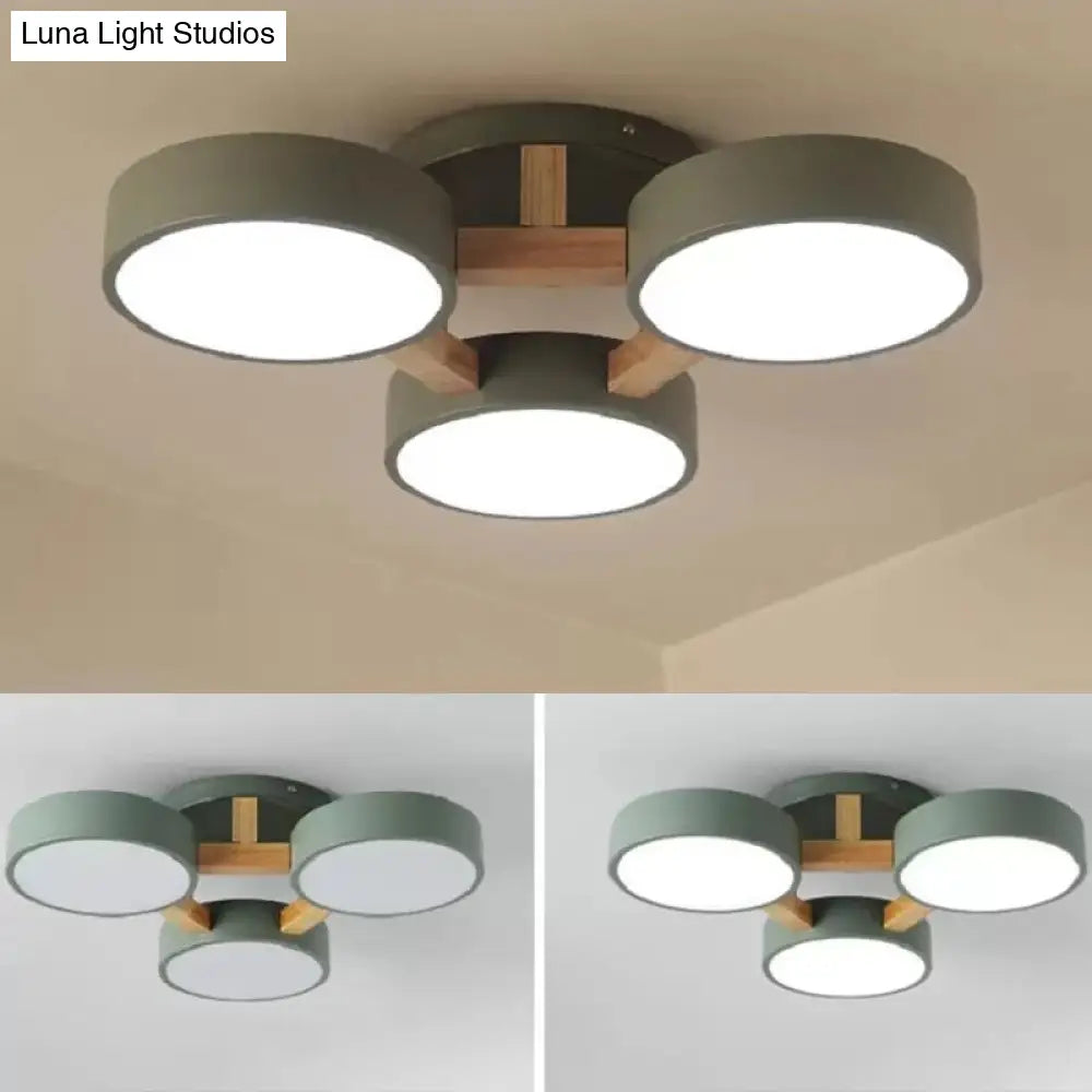 Metal Drum Semi Flush Mount Ceiling Lamp With 3 Macaron Loft Heads For Living Room