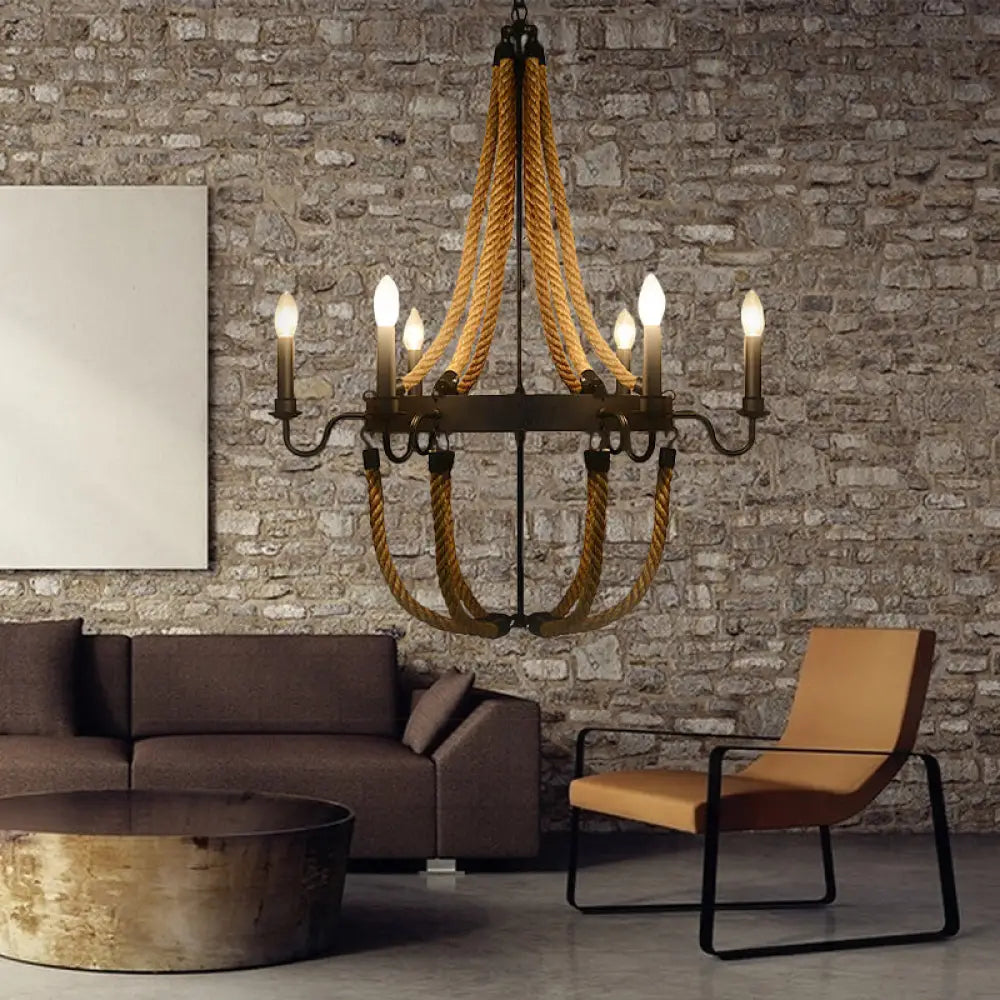 Metal Empire Chandelier - Lodge Style Pendant Lighting For Living Room With Rope Detail 6/8 Lights