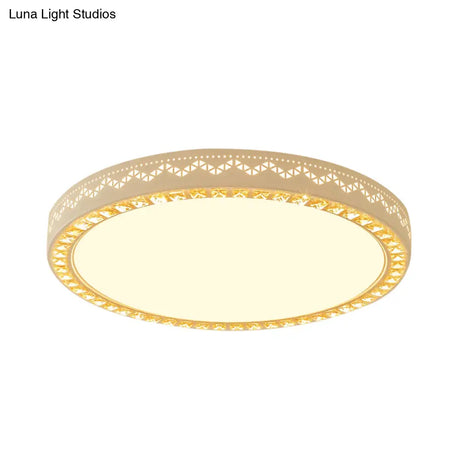 Metal Flat Drum Flush Led Mount Lamp Fixture In White With Crystal Accent