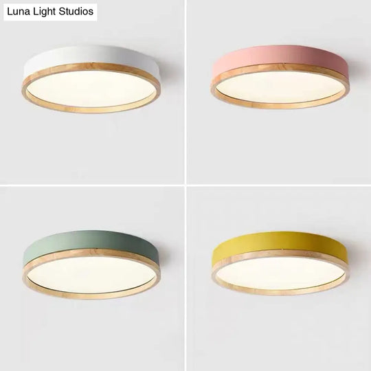Metal Flush Mount Led Ceiling Lamp With Wooden Rim - Elegant Round Design