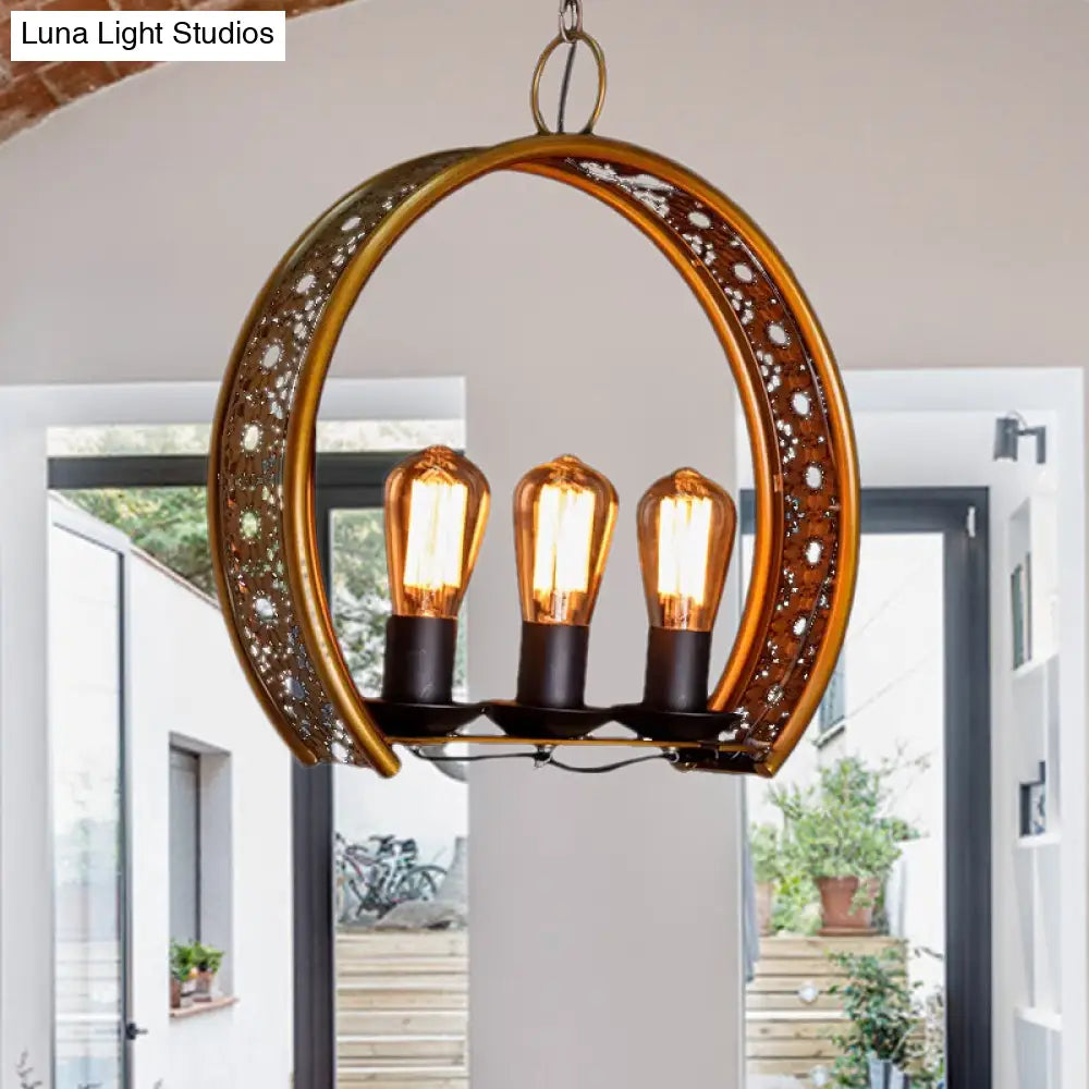 Metal Hanging Light: Brass Industrial Chandeliers - Bare Bulb 3-Light For Living Room