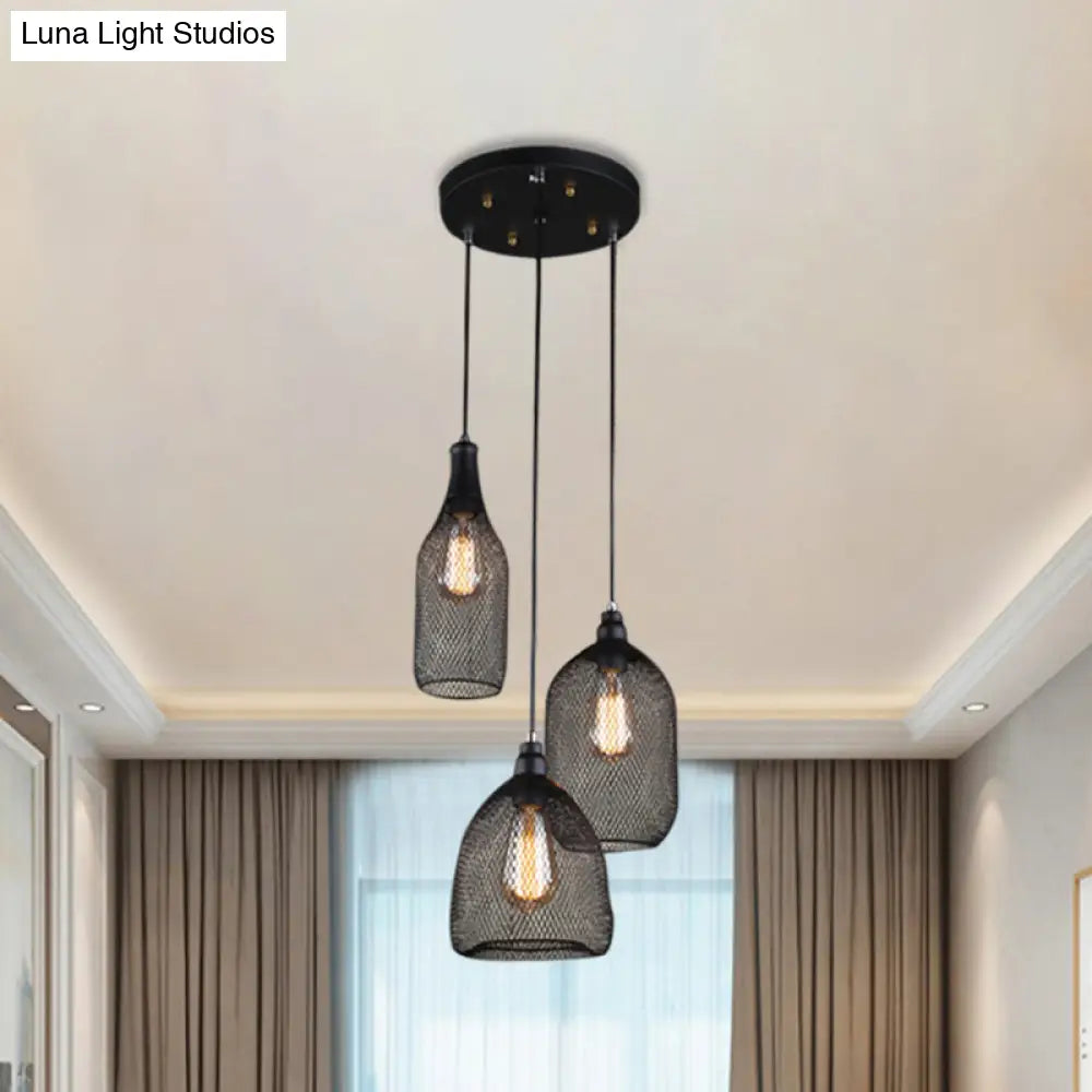 Metal Hanging Mesh Cage Light With Antique Design - 3 Heads Black Shade Ideal For Dining Room