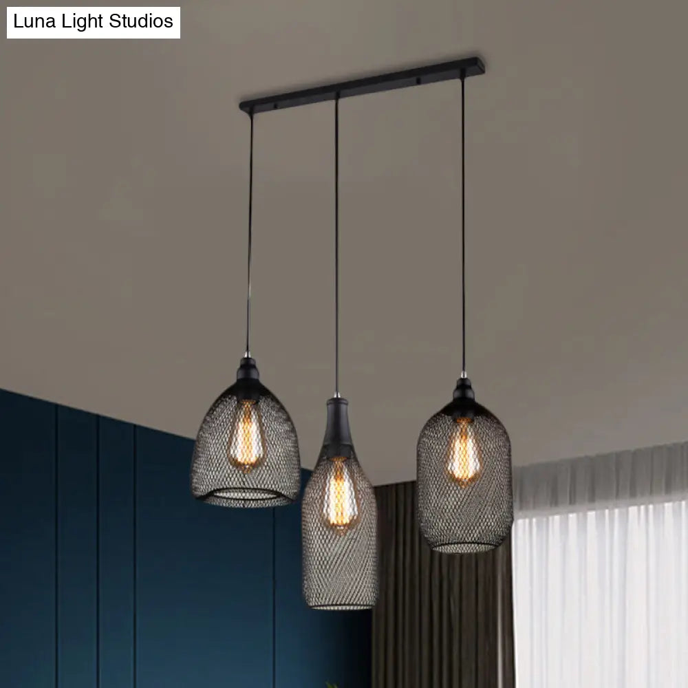 Antique 3-Headed Mesh Cage Hanging Light With Black Shades For Dining Room Suspension / Linear