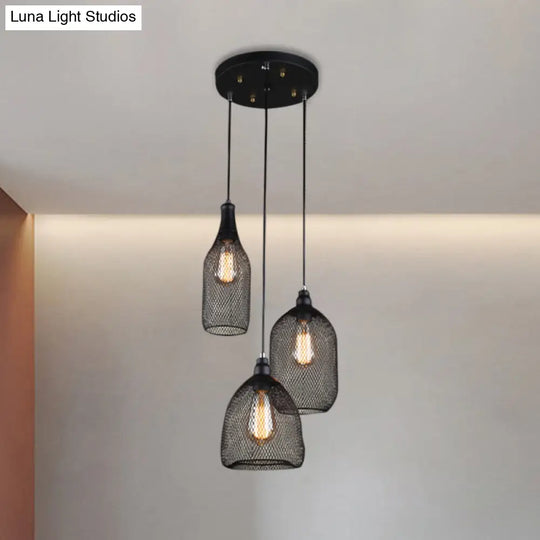 Antique 3-Headed Mesh Cage Hanging Light With Black Shades For Dining Room Suspension