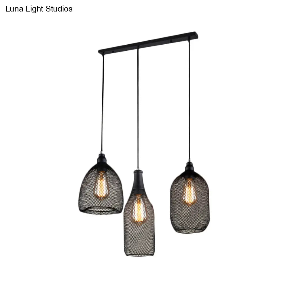 Metal Hanging Mesh Cage Light With Antique Design - 3 Heads Black Shade Ideal For Dining Room