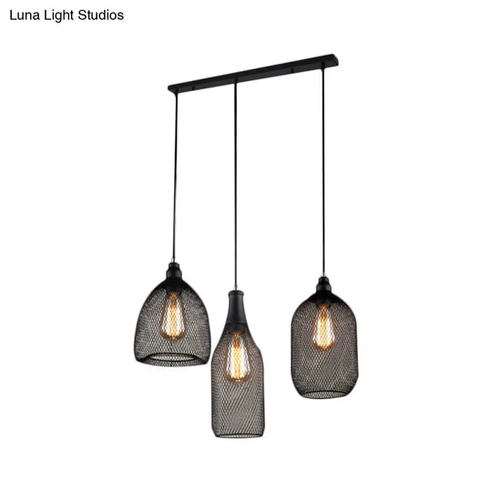 Metal Hanging Mesh Cage Light With Antique Design - 3 Heads Black Shade Ideal For Dining Room
