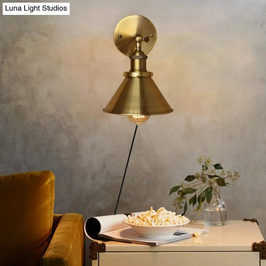 Metal Industrial Indoor Wall Sconce With Conic Shade - Brass Finish