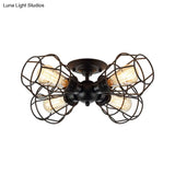 Metal Industrial Pendant Light With Cage Shade - Semi Flush Mount For Living Room (4 Heads Black)