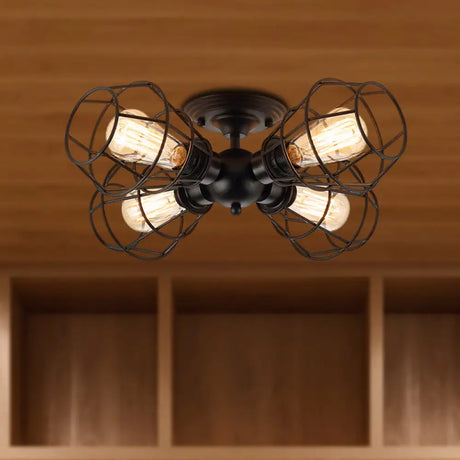 Metal Industrial Pendant Light With Cage Shade - Semi Flush Mount For Living Room (4 Heads Black)