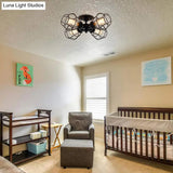 Metal Industrial Pendant Light With Cage Shade - Semi Flush Mount For Living Room (4 Heads Black)