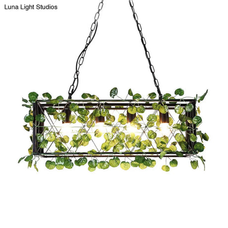 Metal Island Pendant - Antique Black Rectangle With Led Down Lighting And Plant Decor