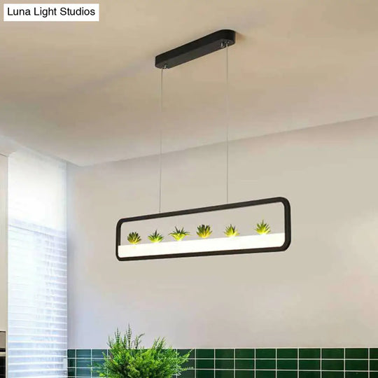 Metal Led Hanging Light For Restaurants: Artistic Rectangle Island Lamp With Imitation Succulents