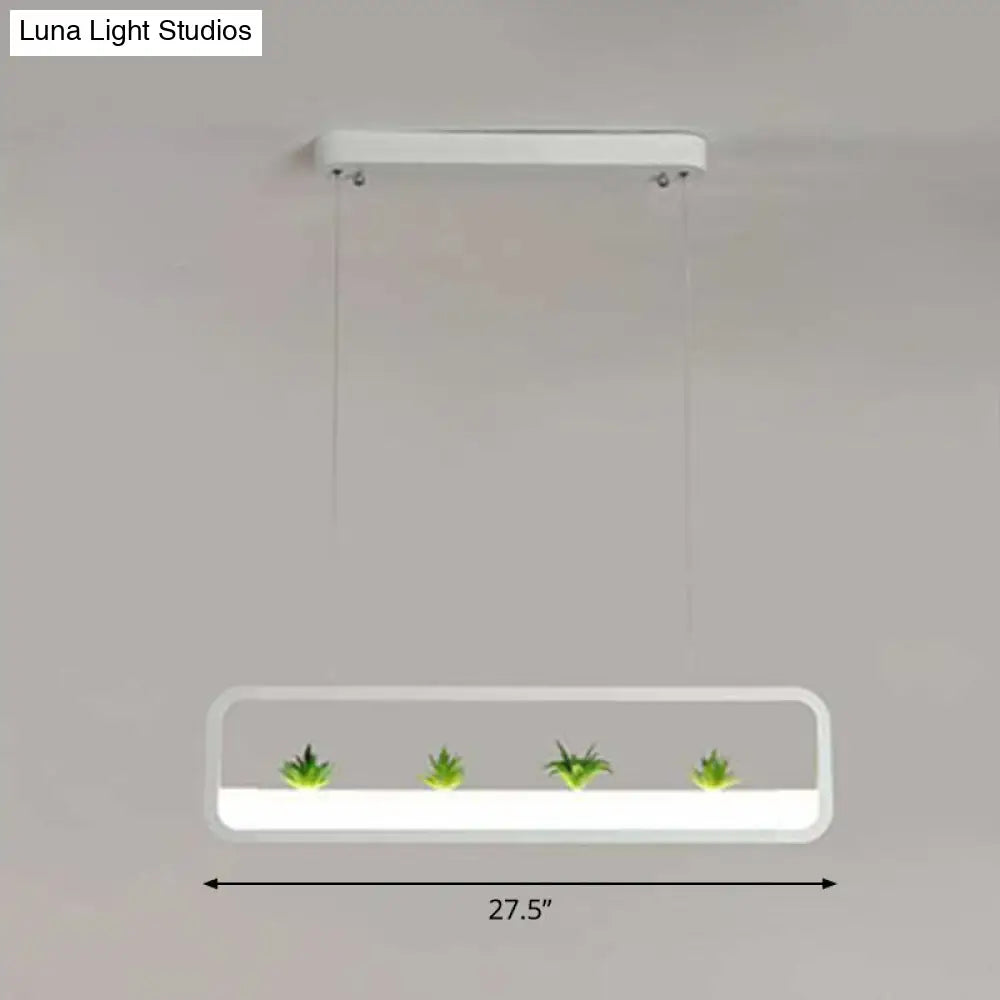 Metal Led Hanging Light For Restaurants: Artistic Rectangle Island Lamp With Imitation Succulents
