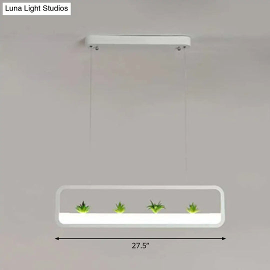 Metal Led Hanging Light For Restaurants: Artistic Rectangle Island Lamp With Imitation Succulents