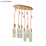 Metal Led Pendant Light With Bottle Cluster Design And Wood Accent For Living Room
