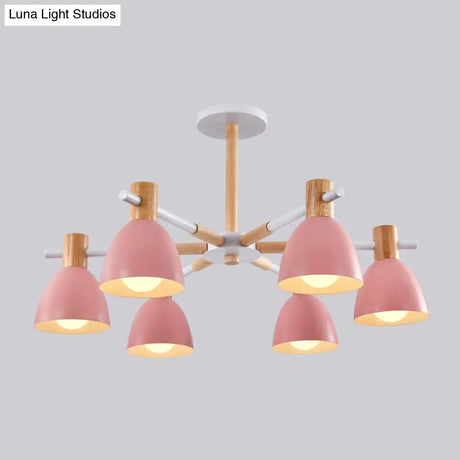 Metal Macaron Style Bell-Shaped Chandelier With Wood Accents: Stylish Ceiling Hang Light For Living