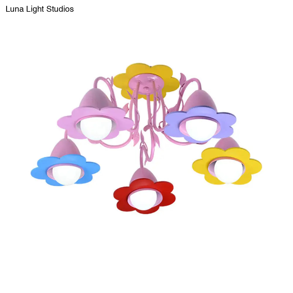 Metal Multi-Colored Pendant Light - Lovely Flower Chandelier For Kindergarten Five Lights